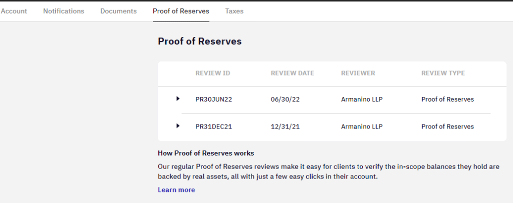Kraken Proof of Reserves tab
