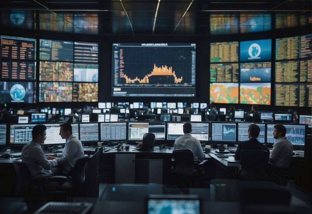 A bustling trading floor with digital screens displaying live market data and traders making quick decisions