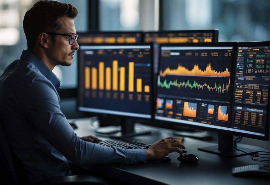 Various traders at computer screens, analyzing charts and executing trades on Binance Futures platform. Charts, graphs, and technical indicators displayed on screens