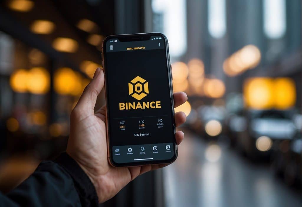 A hand holding a smartphone with the Binance.US app open, showing staking and rewards features