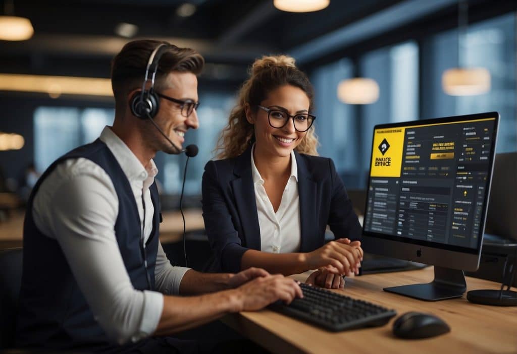A customer service representative assists a user on the Binance.US app. The representative is friendly and helpful, guiding the user through the app's features