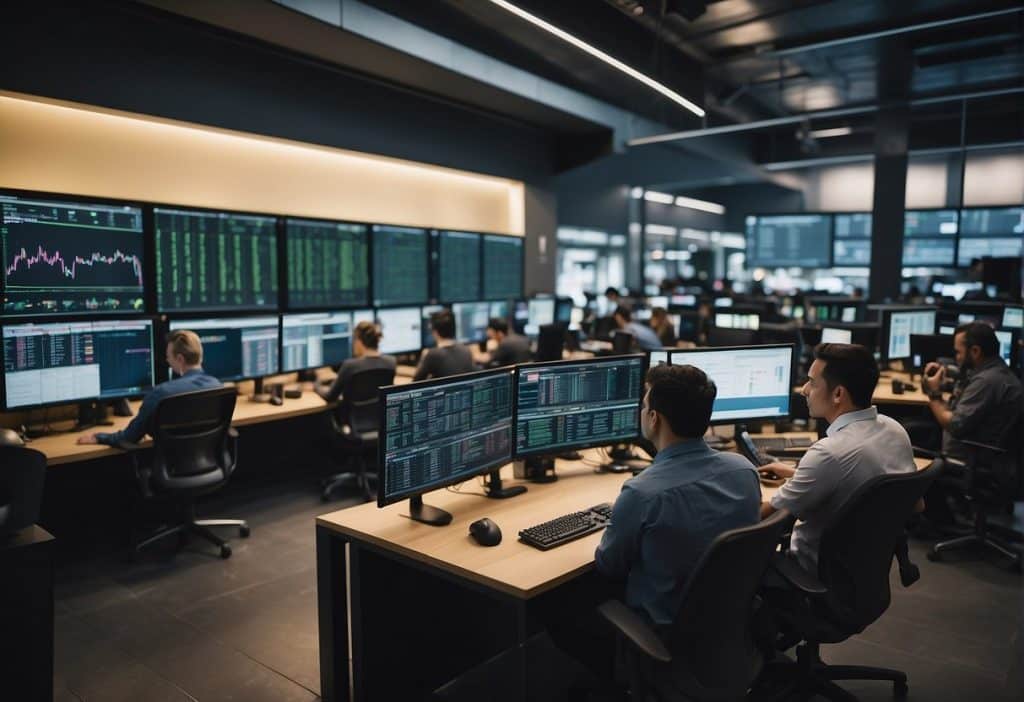 A busy trading floor with digital screens displaying market data, while Binance customer support agents assist users via chat and phone