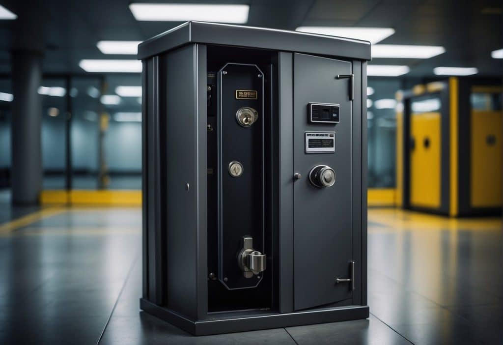 A secure vault with a shielded lock, surrounded by a protective barrier, guarded by a vigilant security system