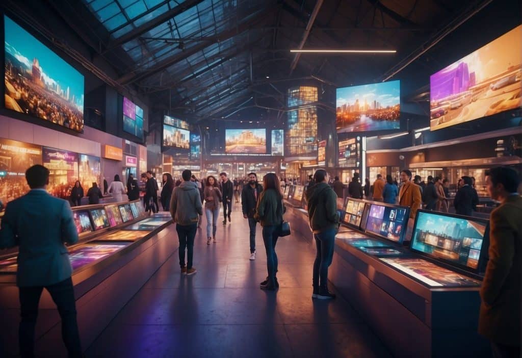 A vibrant marketplace with digital artwork displayed on screens, people browsing and interacting with NFTs, and a futuristic, tech-savvy atmosphere