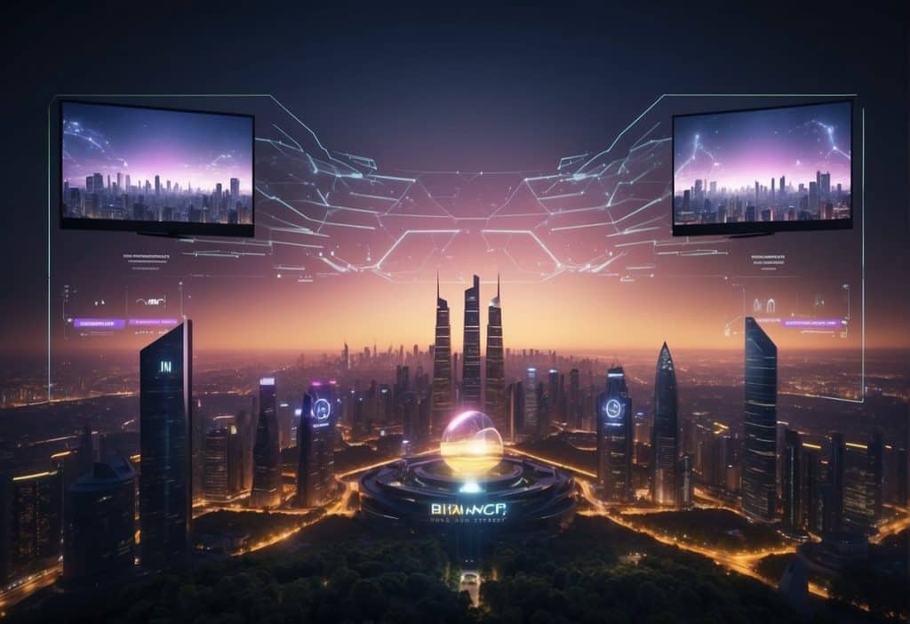 A futuristic city skyline with digital art displayed on large screens, while a Binance NFT logo glows in the center