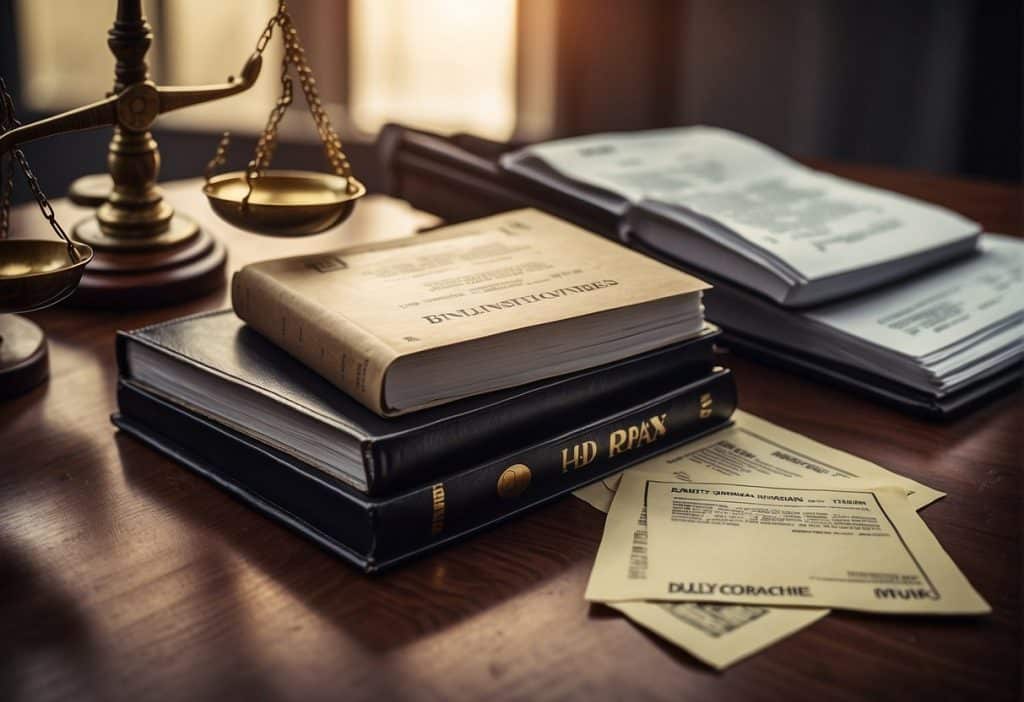 A stack of legal documents and regulatory guidelines with a Binance logo, surrounded by a gavel and scales of justice
