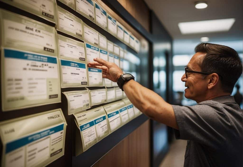 A hand reaches for a Binance.US deposit slip while another hand holds a withdrawal slip. Fees are displayed prominently on the wall behind the teller