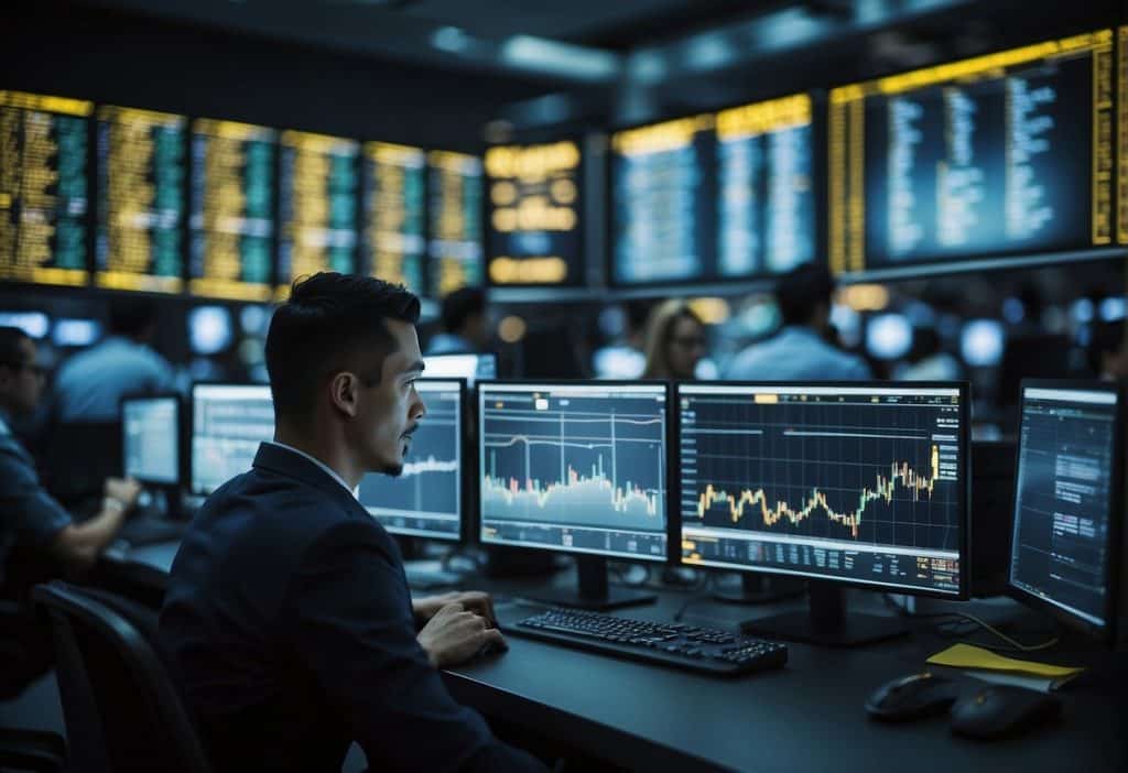 A bustling trading floor with digital screens displaying Binance.US fees. Traders busy at their desks, with charts and graphs on their monitors