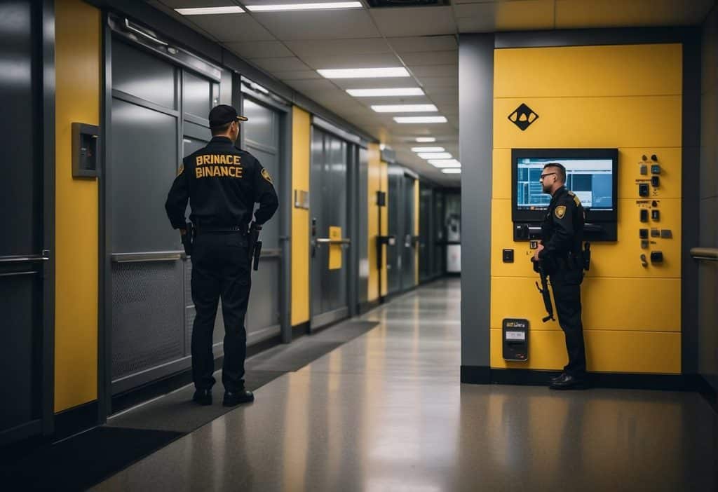 A security guard patrols the perimeter of a Binance.US facility, while surveillance cameras monitor the premises. A vault door stands prominently, symbolizing asset protection