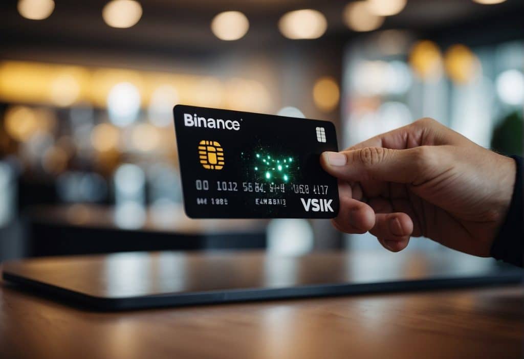 A hand holding a Binance Card while making a purchase at a store