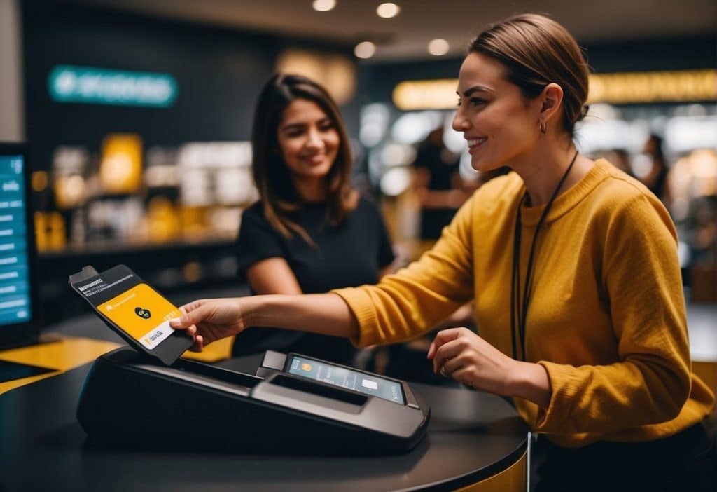 A person using a Binance card to make a purchase at a store, with a customer support representative available for assistance