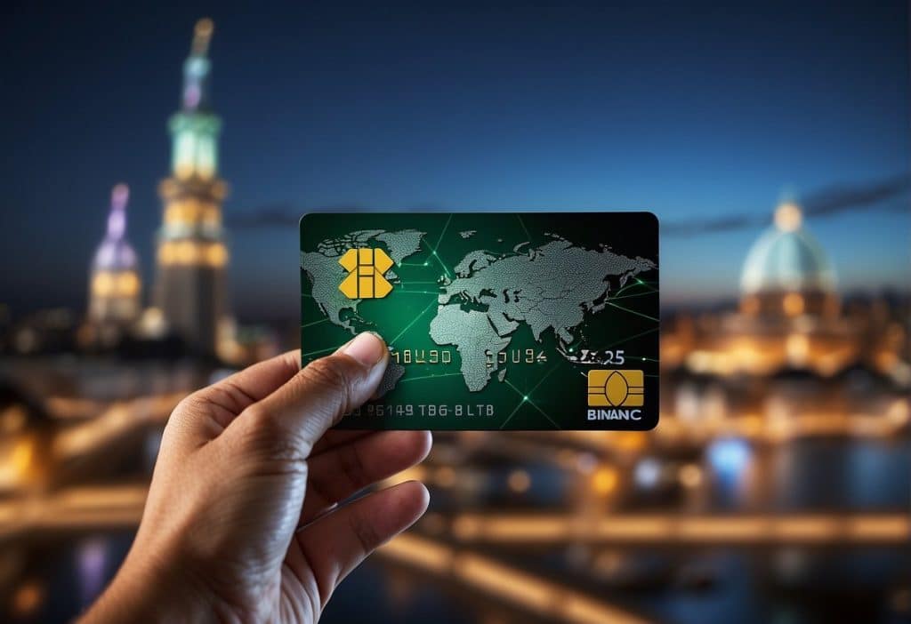 A hand holding a Binance Card, with global landmarks in the background and a compliance symbol displayed prominently on the card