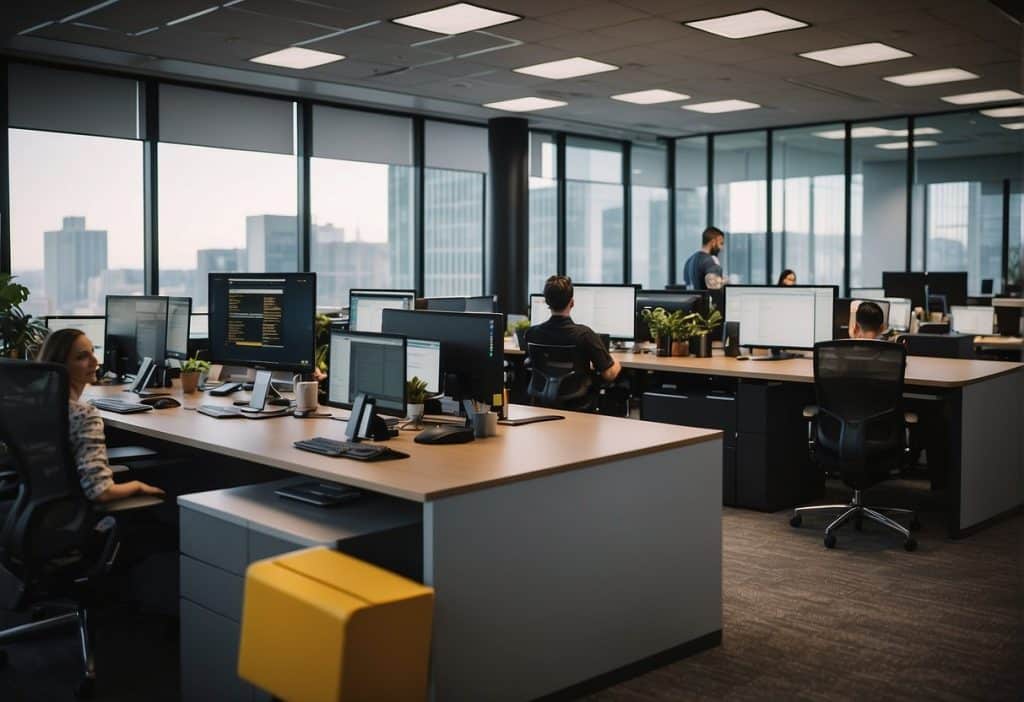 A bustling Binance.US office in Texas, with employees working at their desks and engaging in discussions. The space is modern and vibrant, with large windows allowing natural light to flood the room