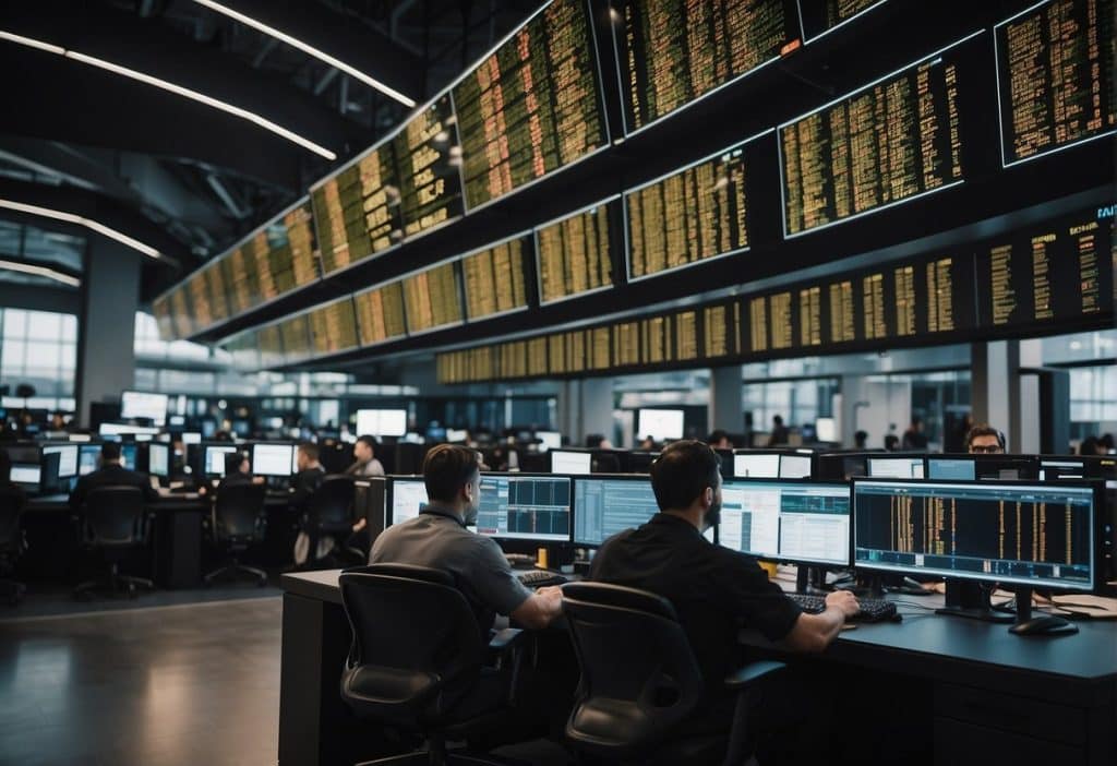 A bustling trading floor on Binance.US in Texas. Multiple screens display live market data as traders interact with the platform