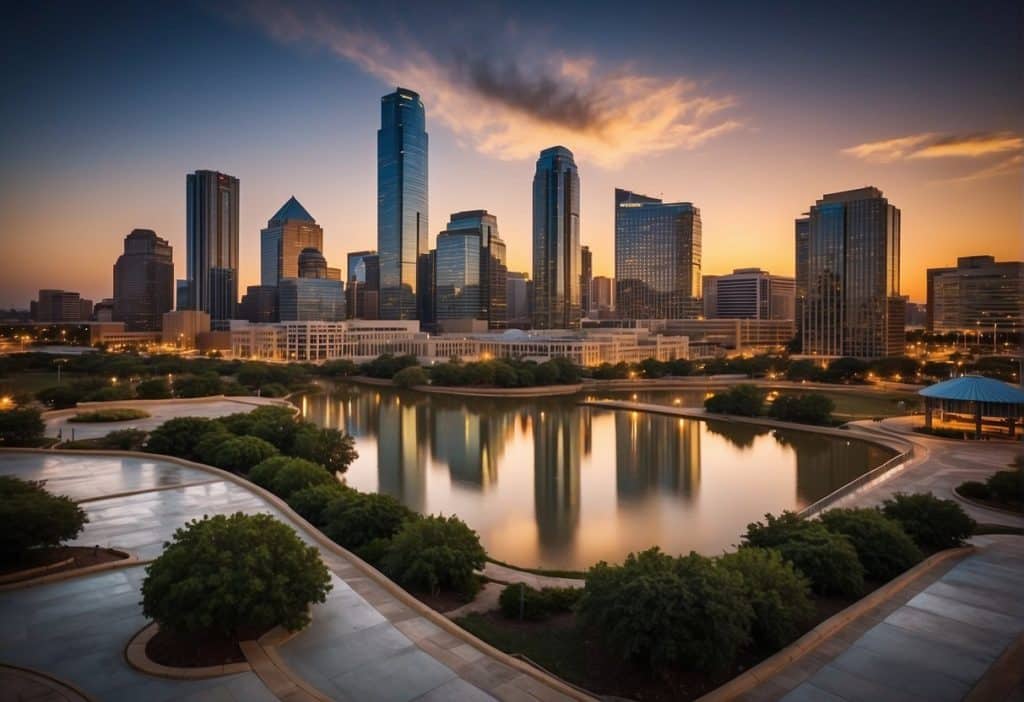 A bustling Texas city skyline with Binance.US headquarters and financial institutions, surrounded by thriving businesses and a dynamic economy