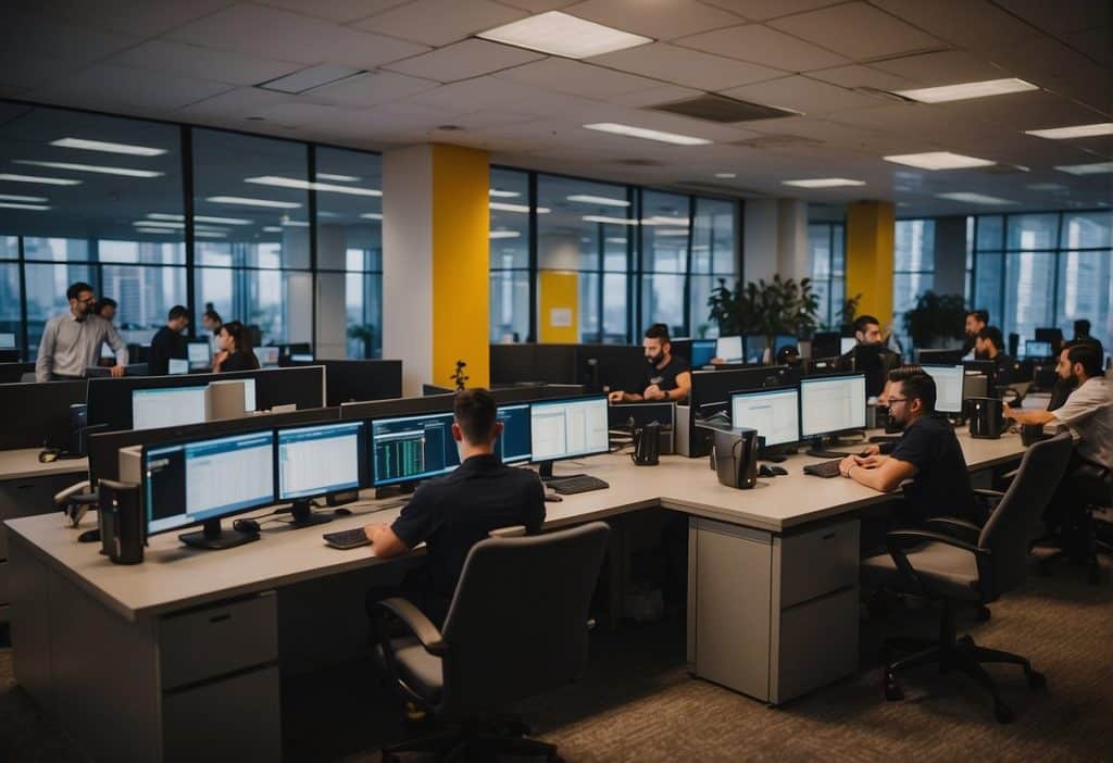A bustling Binance.US office in Texas, with employees assisting customers and answering questions