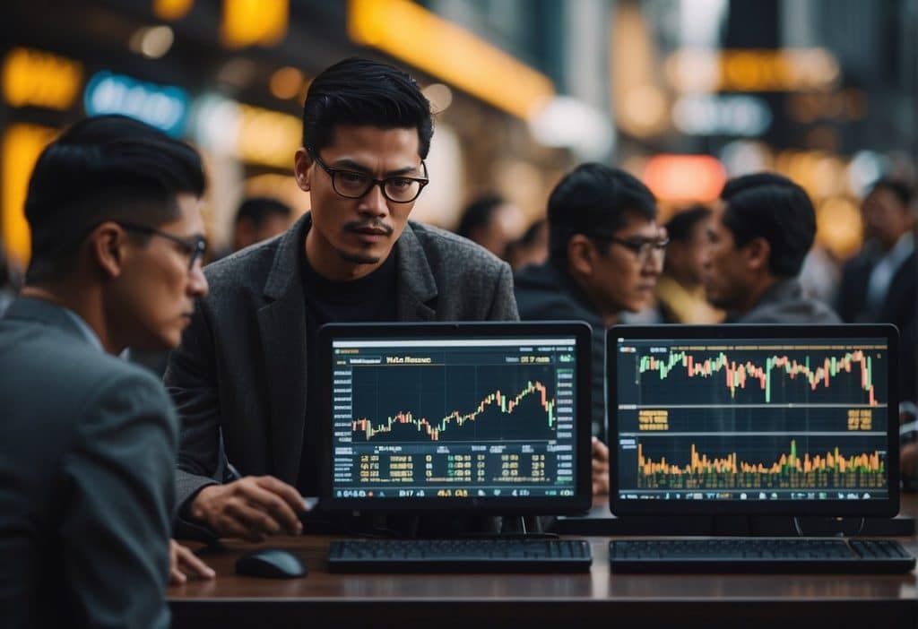 The scene depicts a bustling market with Binance Coin price data displayed on screens and traders analyzing charts and graphs. The atmosphere is filled with anticipation and excitement as people make predictions and strategize their next moves