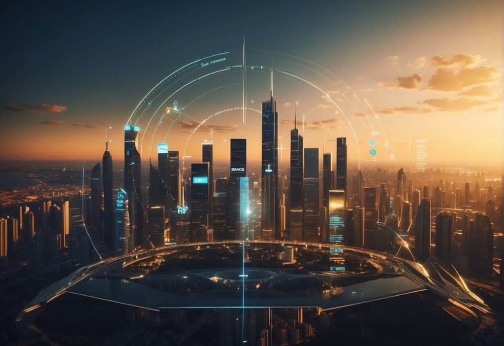 A futuristic city skyline with digital price charts projected in the sky, featuring Binance Coin's upward trajectory