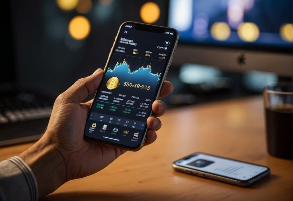 A person using a smartphone to access a cryptocurrency exchange app. The screen displays the option to buy Binance Coin with a finger tapping the "buy" button