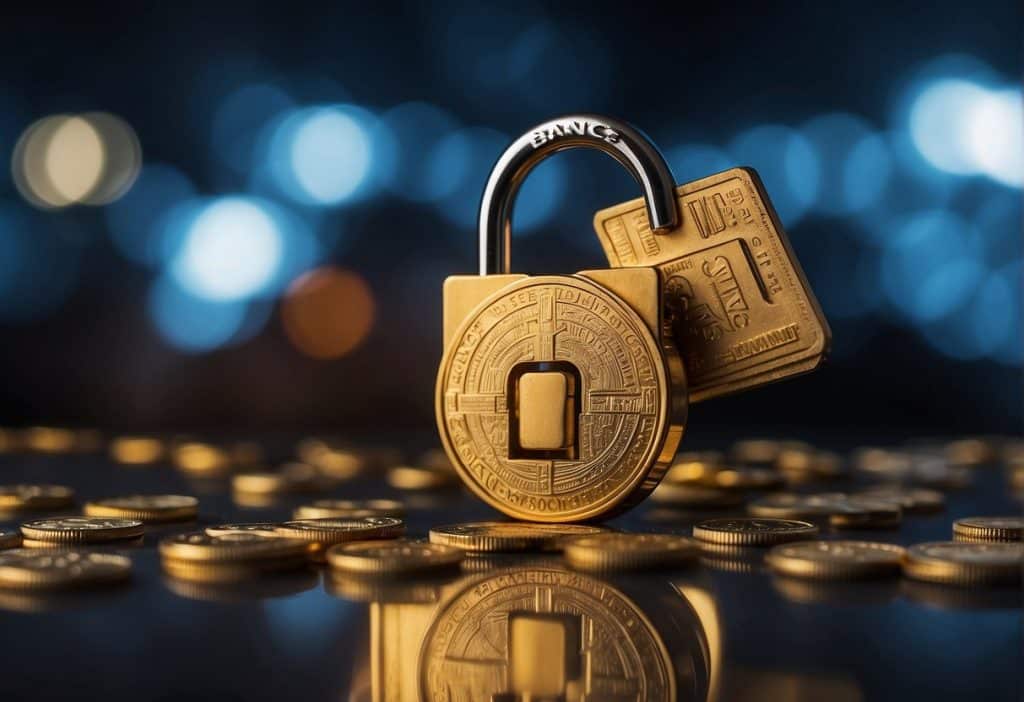 A padlock symbolizing safety and security is placed next to the Binance logo and a pile of Binance Coins