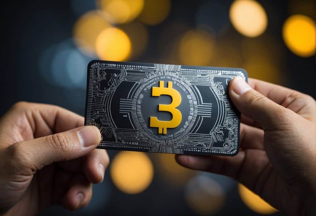 A hand holding a Binance gift card with a Binance logo on the front, surrounded by digital currency symbols and a sleek, modern background