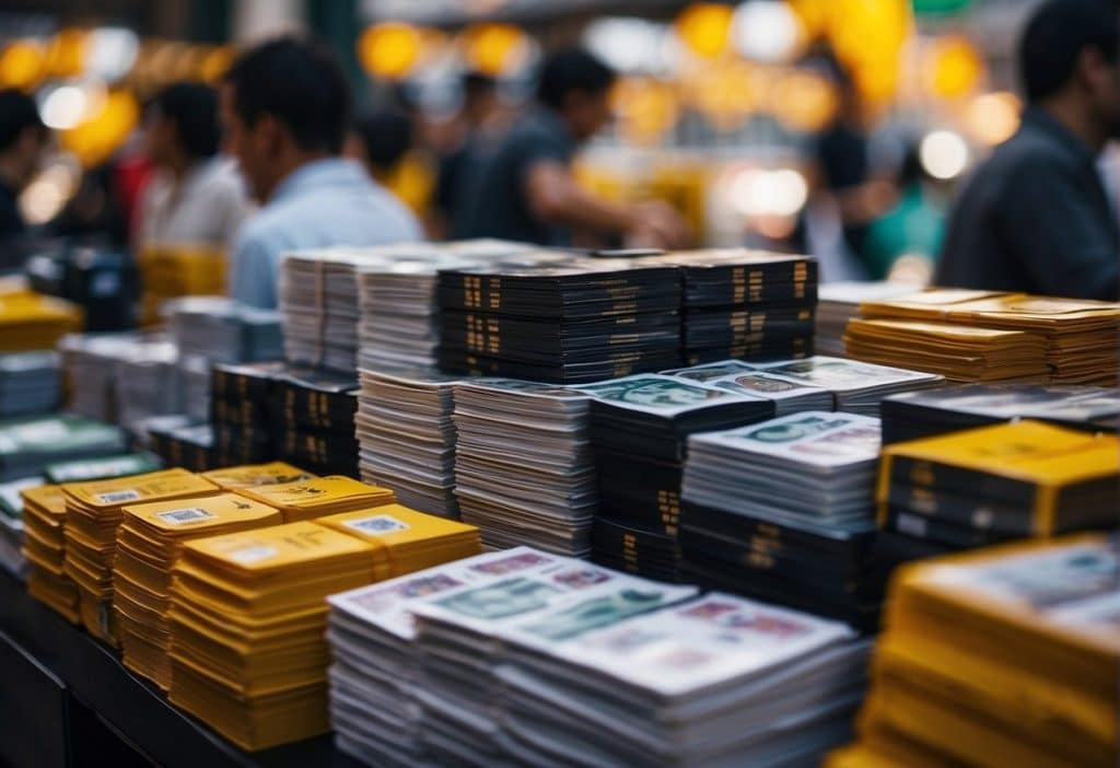 A bustling marketplace with vendors reselling Binance gift cards. Various stalls display the cards, with people haggling and exchanging money