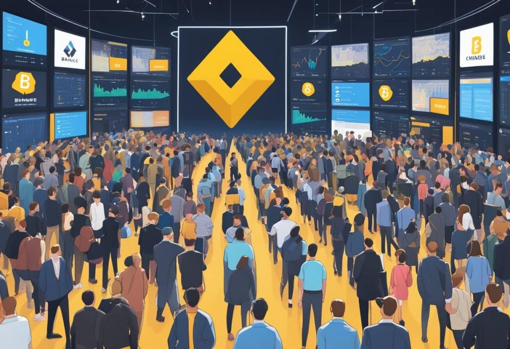 A crowded digital marketplace with Binance and Coinbase logos displayed on large screens, surrounded by traders and investors