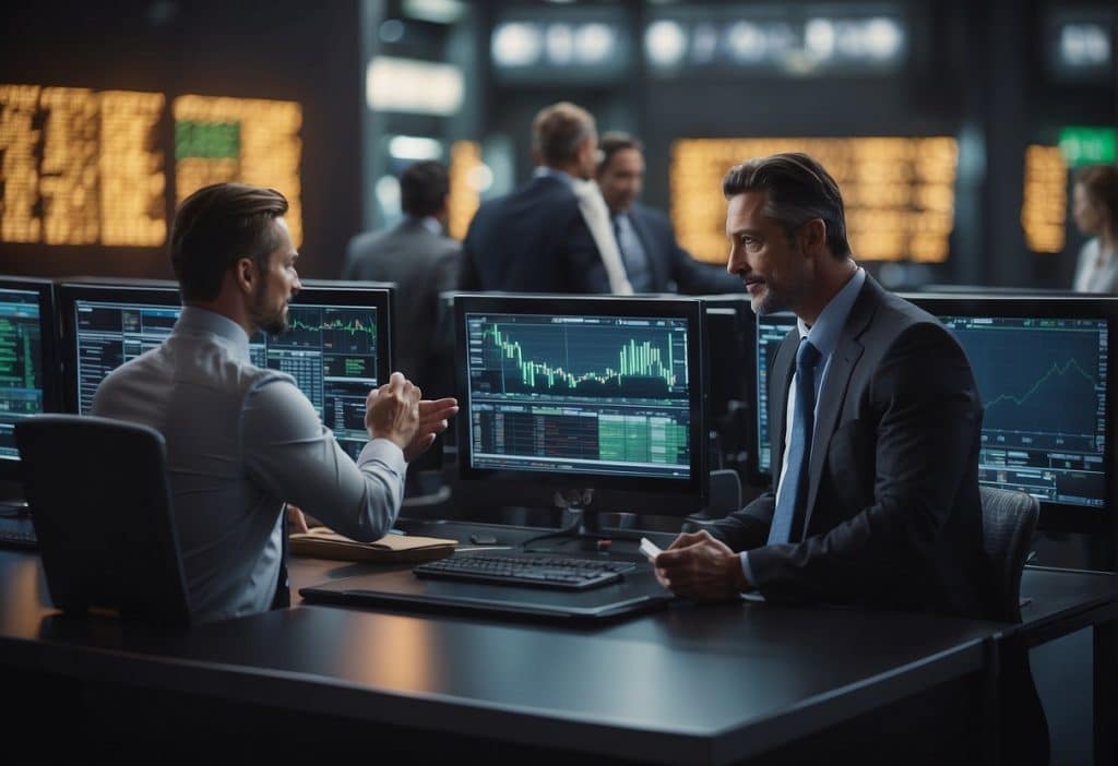 A bustling financial market with BUSD logo displayed on digital screens, traders exchanging BUSD tokens, and a secure vault symbolizing stability