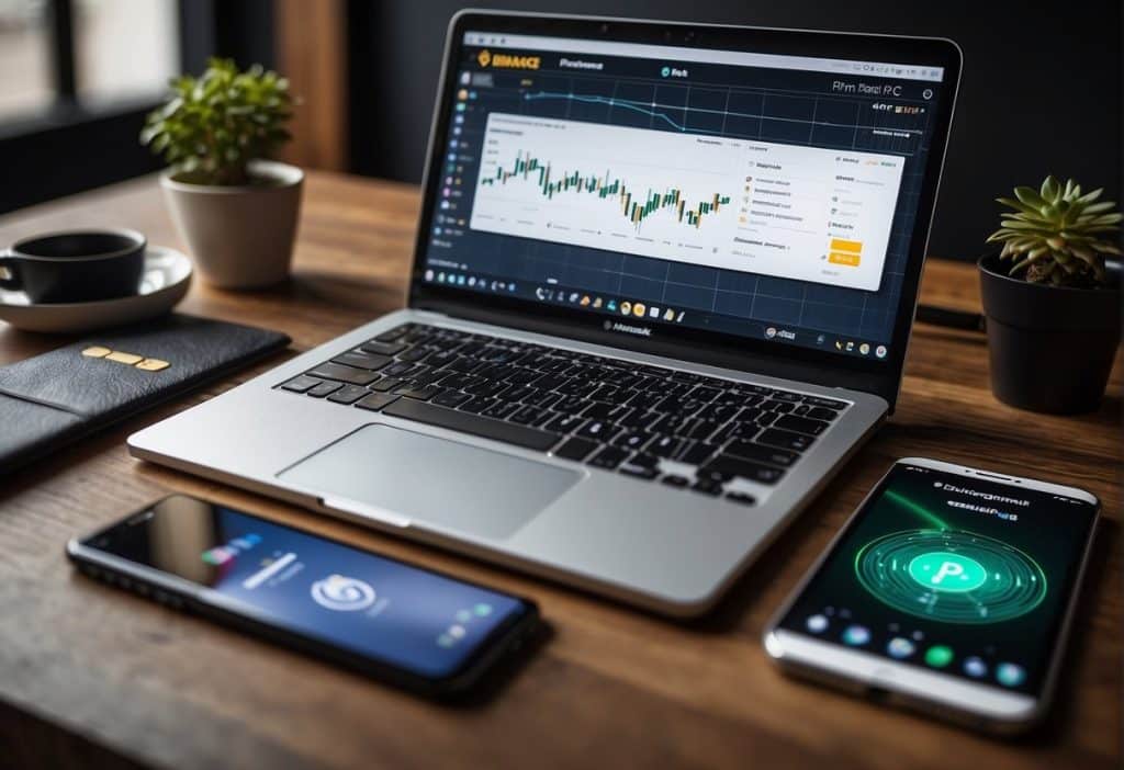 A laptop displaying the Binance P2P platform, surrounded by various cryptocurrency icons and charts, with a smartphone and bank card nearby