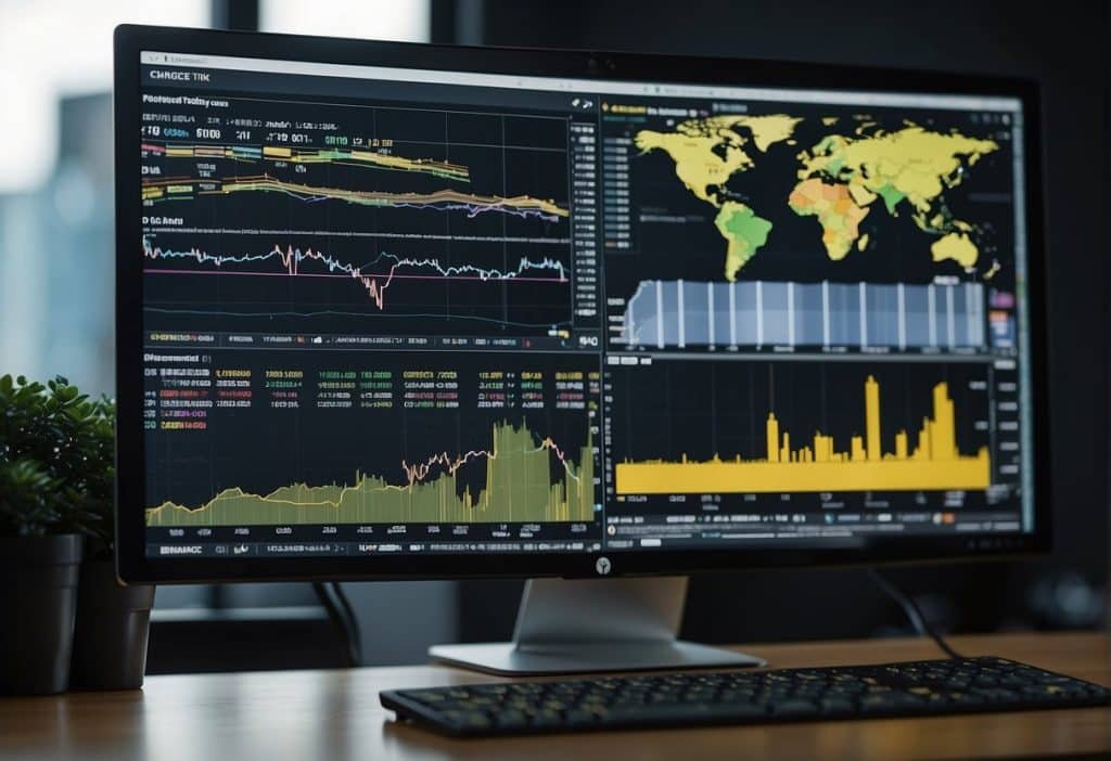 A computer screen displays a Binance trading platform with multiple charts and graphs. A trading bot algorithm is being programmed and tested on the screen