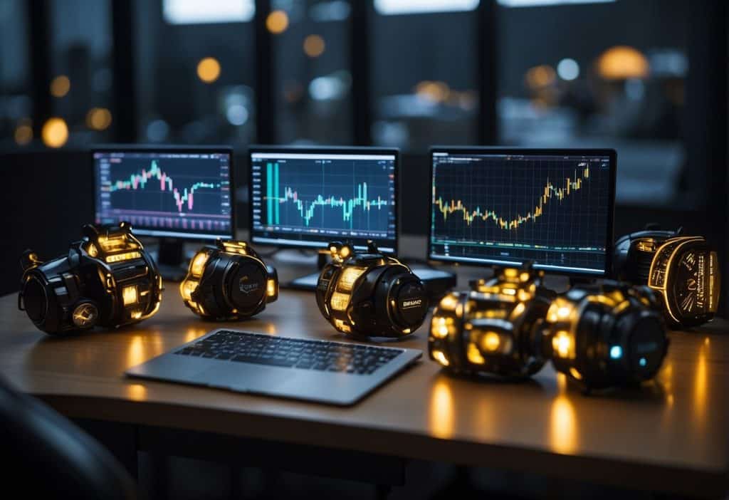 A row of Binance trading bots executing trades, with charts and data displayed on screens