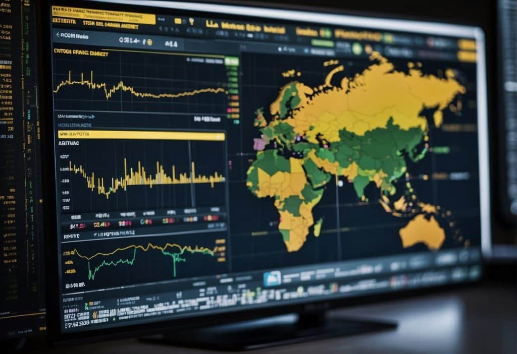 A computer screen displays Binance trading bots analyzing the crypto market. Charts and graphs fill the screen, showing data and trends