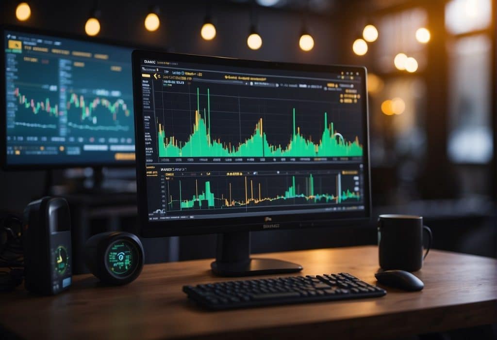 A computer screen displaying Binance trading bot options with various charts and graphs in the background