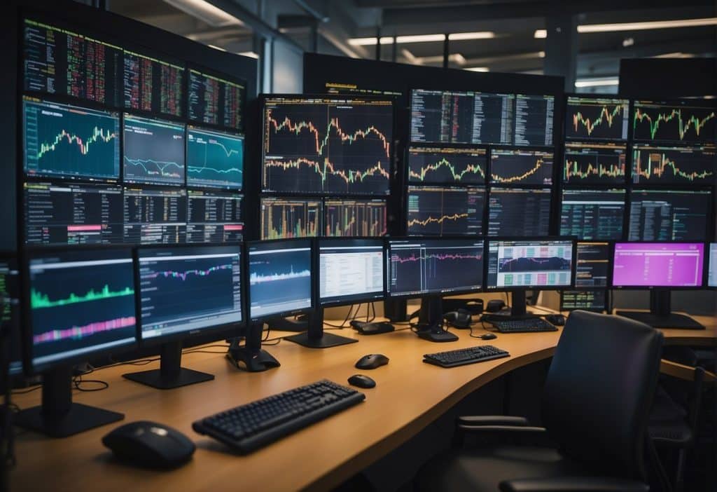 A bustling trading floor with various financial charts and graphs displayed on screens, while Binance trading bots work diligently to execute diverse trading strategies