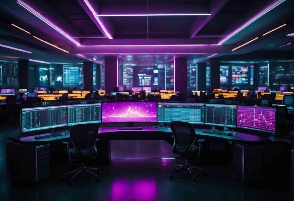A futuristic trading floor with sleek, advanced Binance trading bots executing trades with speed and precision. The room is illuminated with neon lights and filled with the hum of technology