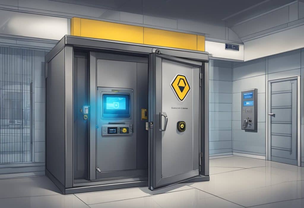 A secure vault with a Binance and Coinbase logo on the door, guarded by a vigilant security system with cameras and motion detectors