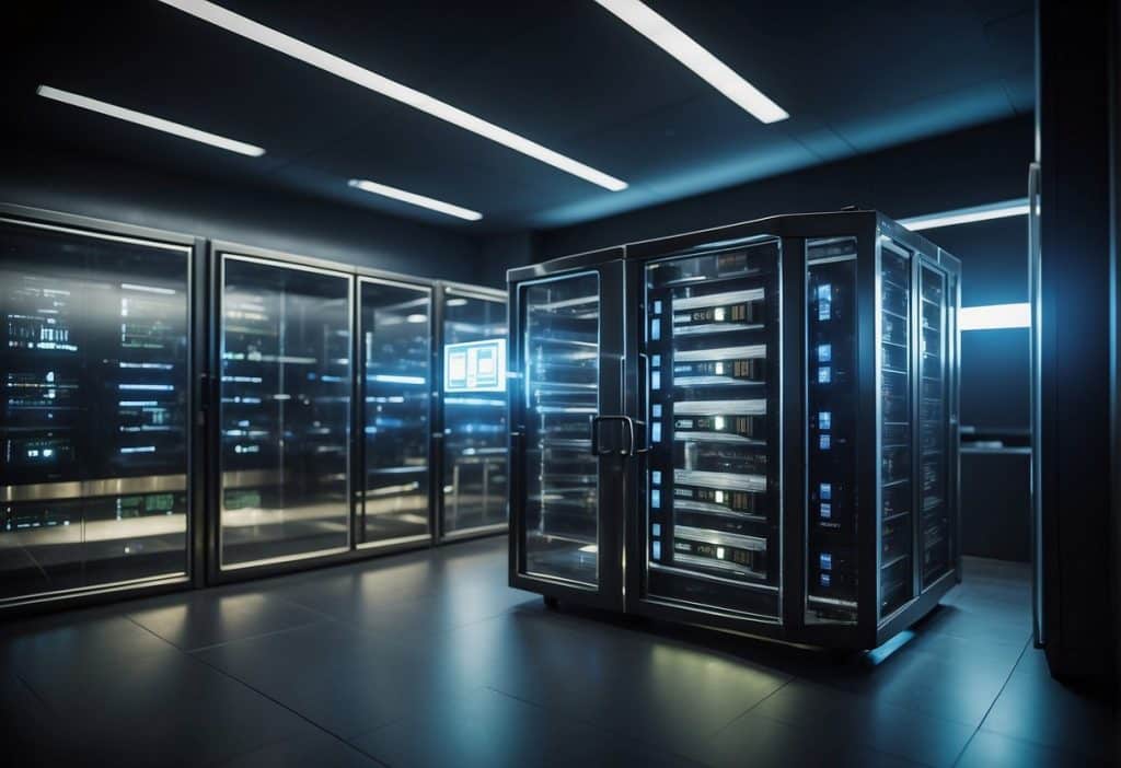 A secure vault with locked safes, digital ledgers, and transparent blockchain data. Security guards monitor the area, while auditors verify the reserves