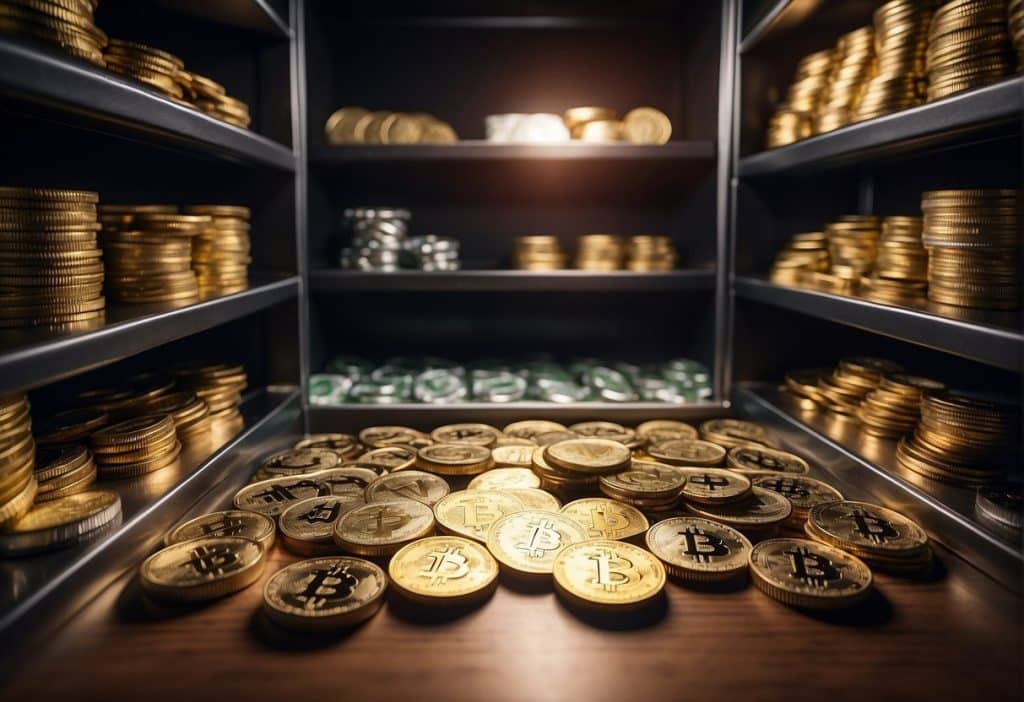 A vault filled with various assets such as cryptocurrencies, fiat currencies, and other liquid assets. Proof of reserves displayed prominently