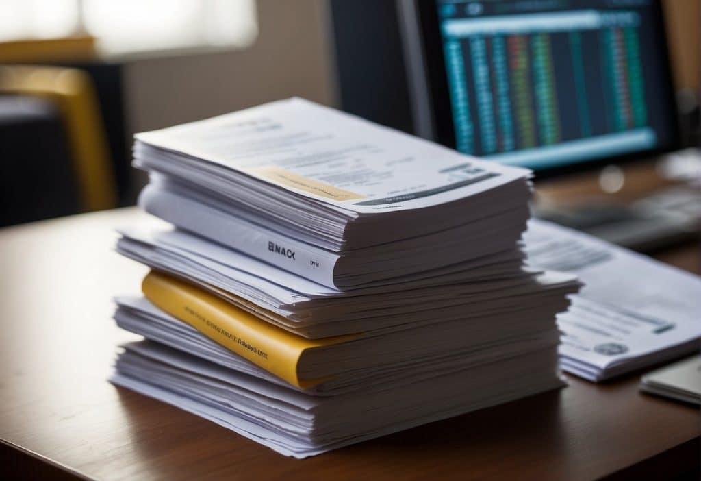 A stack of regulatory documents sits on a desk, next to a computer displaying Binance's Proof of Reserves. The documents are marked with official seals and stamps, indicating their importance