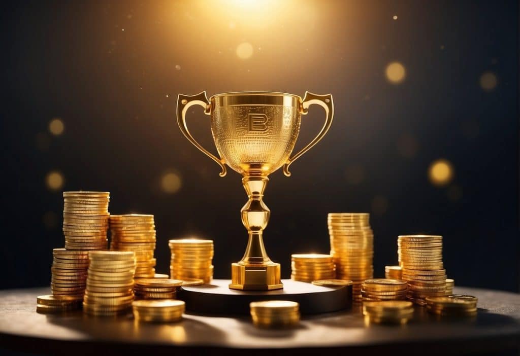 A stack of golden coins and a shining trophy sit on a pedestal, surrounded by a glowing aura, representing the rewards and earnings of Binance Staking