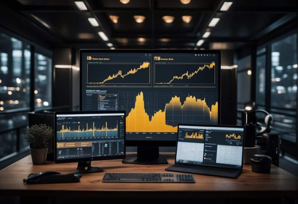 A group of digital assets being staked on the Binance platform, with various charts and data displayed on a computer screen