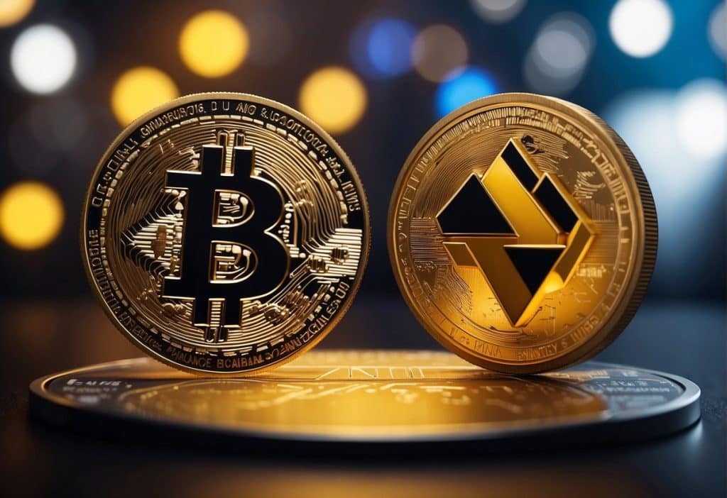 Binance and Binance.US logos facing off with a scale representing market strategies, while arrows symbolize competitive positioning