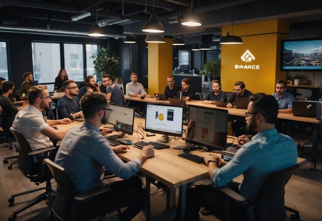 A group of startups gather in a modern, collaborative workspace, surrounded by mentors and resources, as they participate in Binance Labs' Incubation and Acceleration Programs