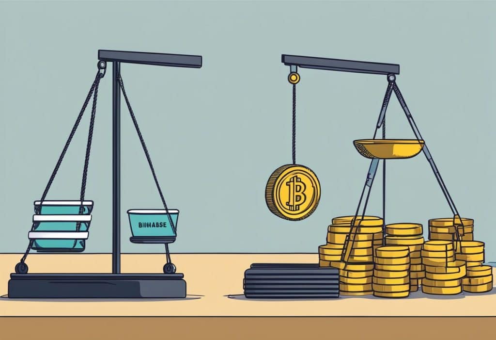 A scale weighing regulation leans towards Binance, while a compliance arrow points towards Coinbase