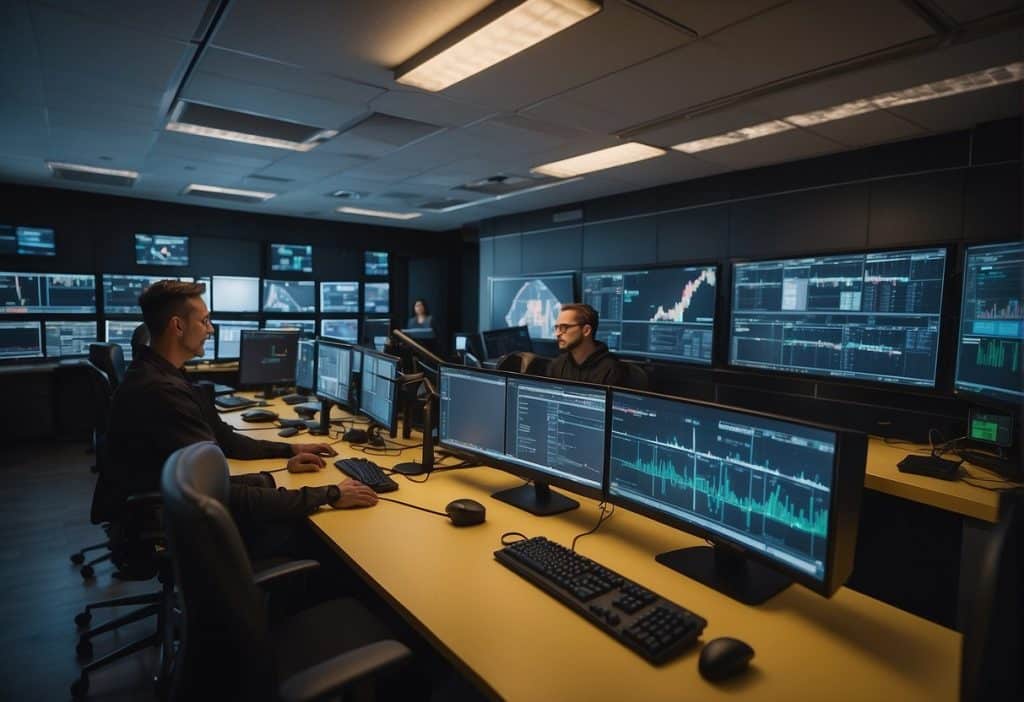 The Binance Labs security team monitors compliance measures in a high-tech control room with multiple screens and advanced surveillance equipment