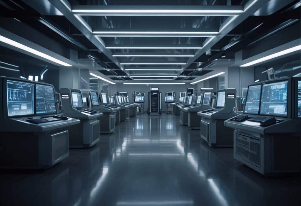 A futuristic laboratory with advanced tech and protocols. Bright lights illuminate sleek equipment and computer screens. A sense of innovation and cutting-edge technology fills the space