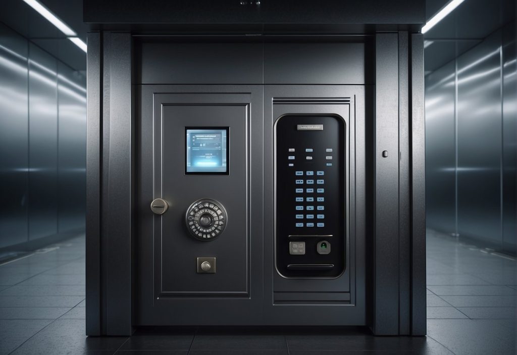 A secure vault door with a digital keypad and fingerprint scanner, surrounded by surveillance cameras and motion sensors
