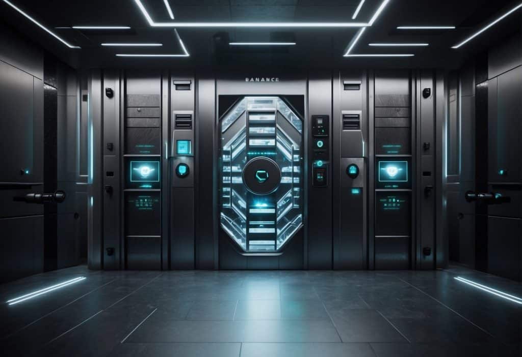 A secure vault with two doors labeled "Binance" and "Kraken." Each door has a digital keypad and a biometric scanner for access control