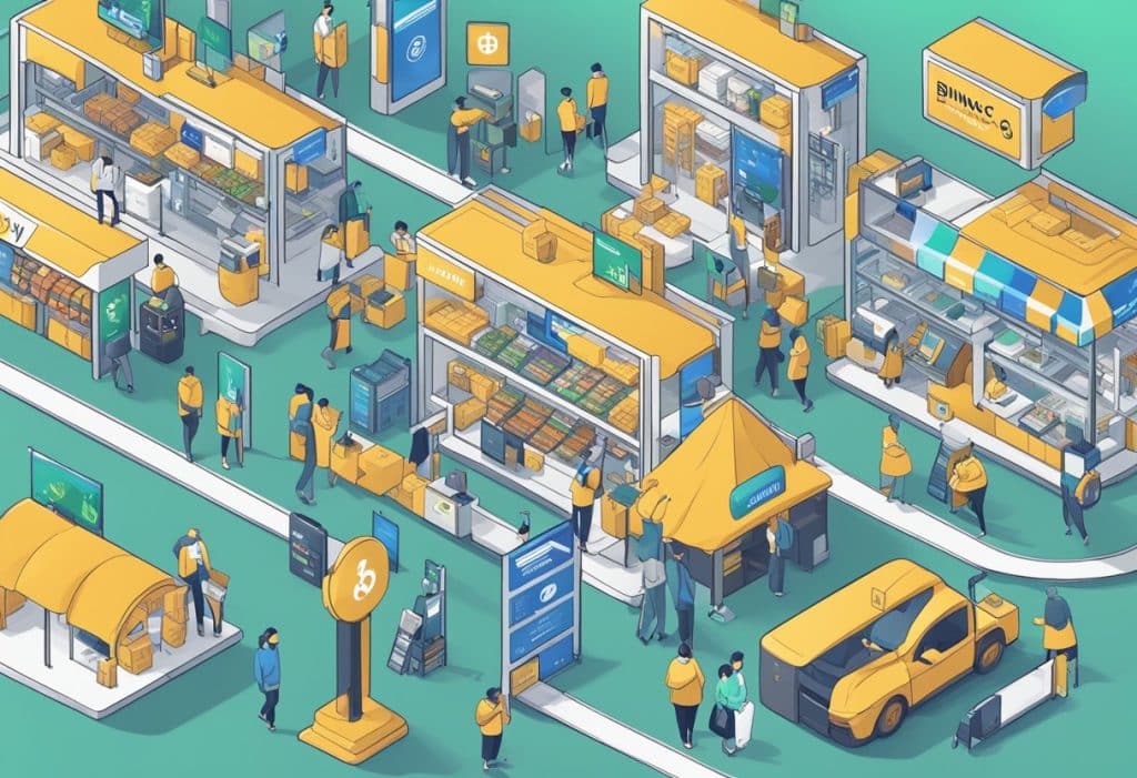 A bustling digital marketplace with various payment options, Binance and Coinbase logos displayed prominently, representing accessibility and payment methods