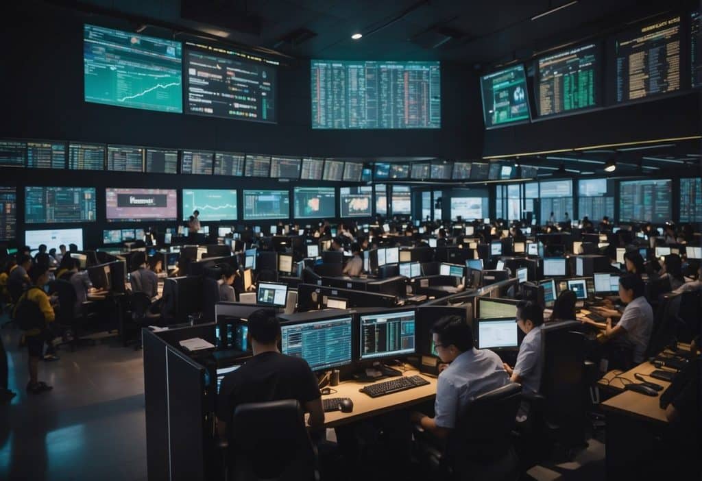 The bustling trading floors of Binance and Kraken, filled with flashing screens and busy traders, depict the high liquidity and volume of assets being exchanged